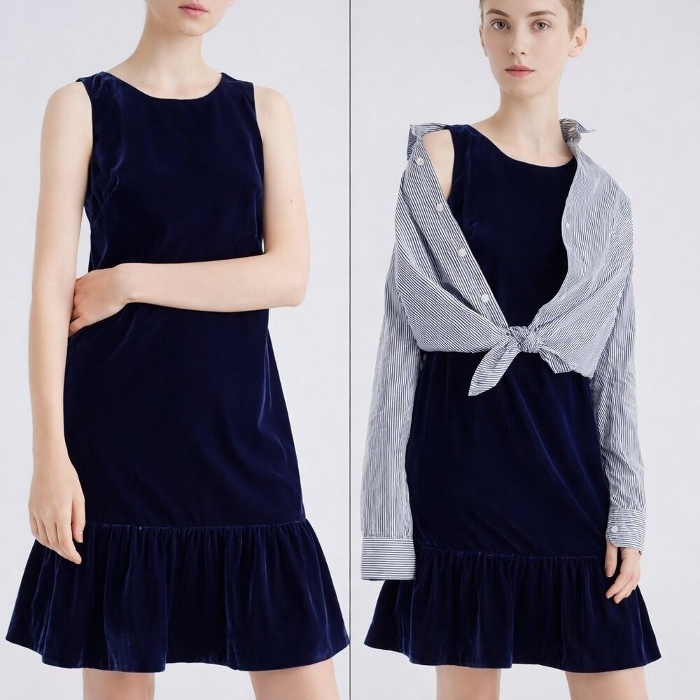 J. Crew NEW Navy Blue Velvet Sleeveless Ruffle Hem Party Shift Dress SZ 12 Retro